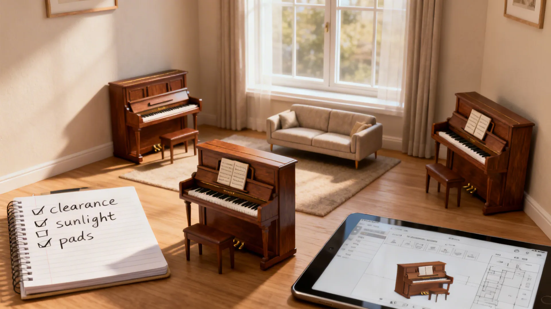 Tabletop models showing different upright piano placements with a planner checklist.