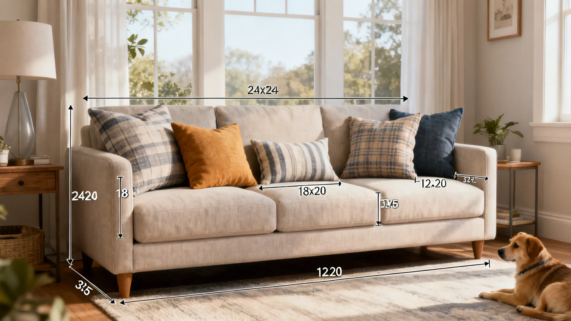 Living room vignette showing recommended pillow layouts and size examples for a three-seater sofa