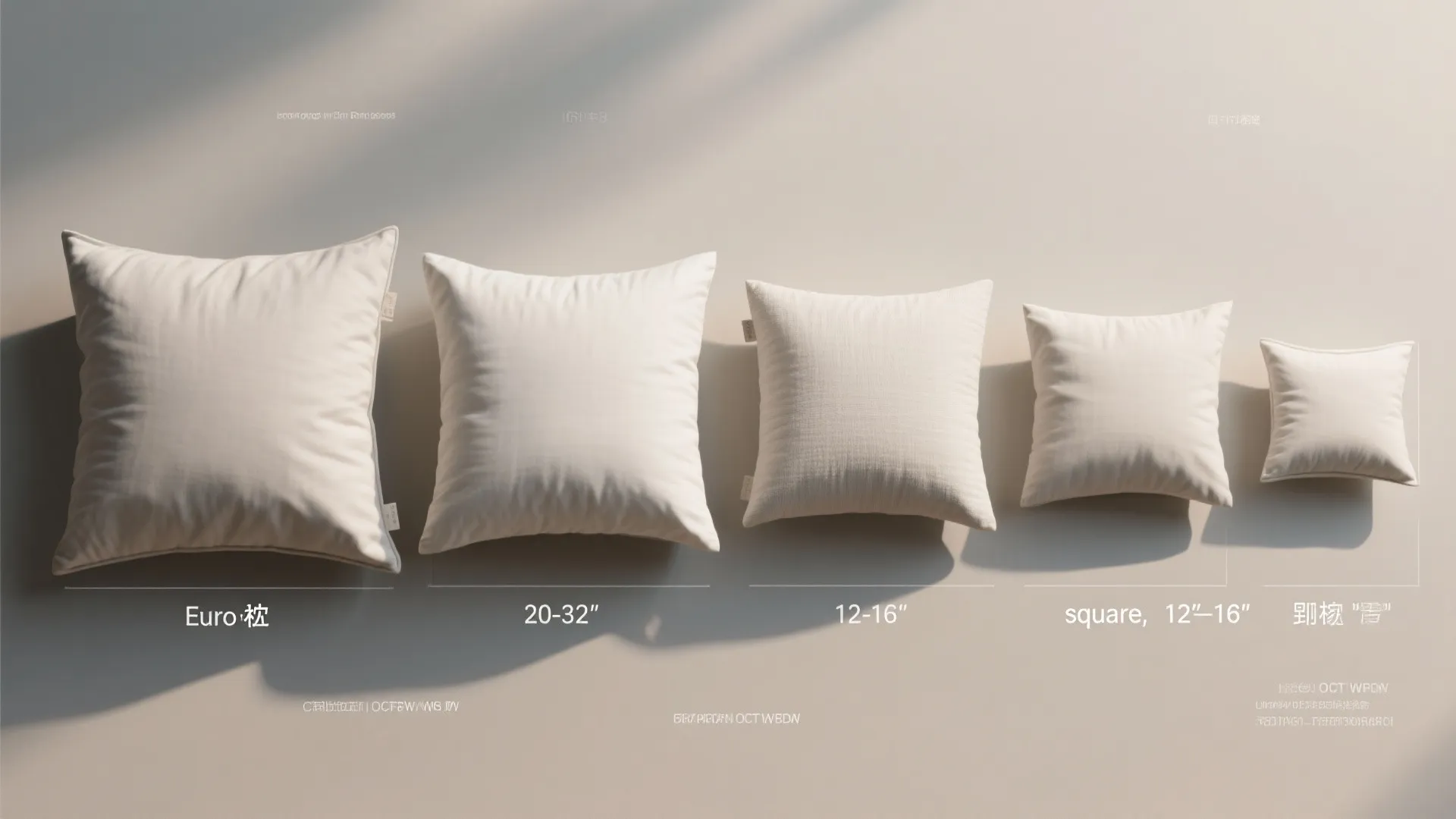 Overhead flat lay of different pillow sizes side by side to show scale for layered bed styling.