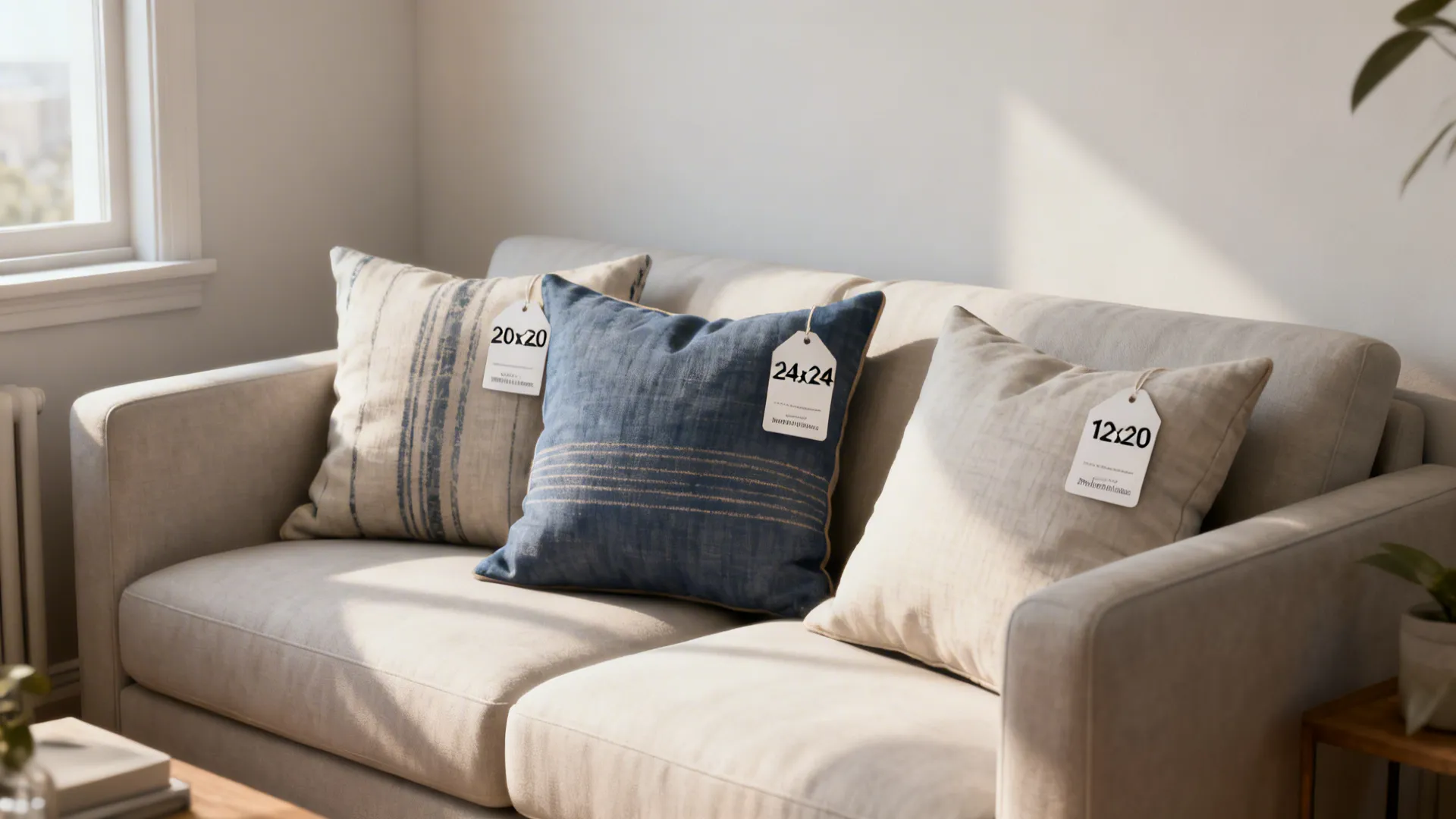 Small living room showing common pillow sizes on a sofa with a calm, editorial styling.
