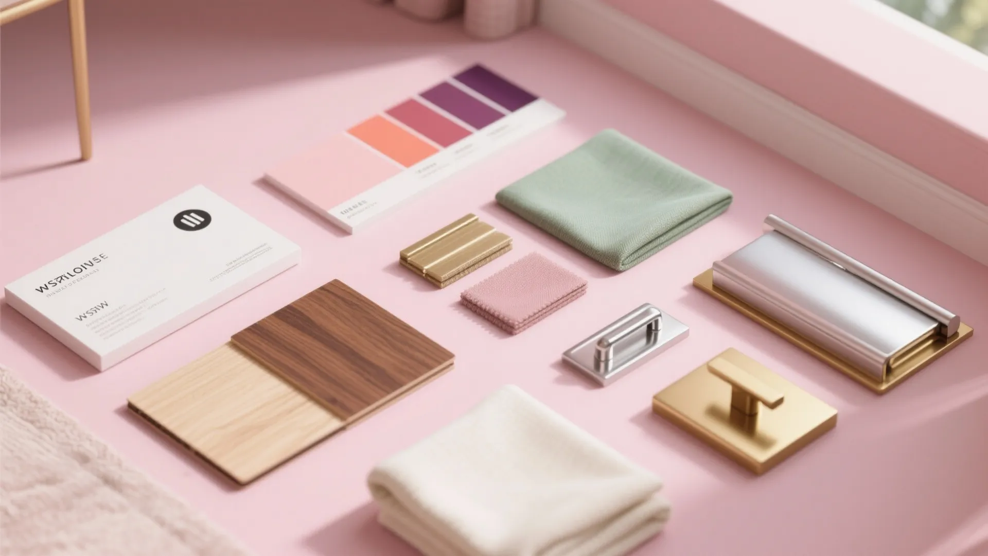 Pink flat lay with color swatches wood samples fabric textures and metal hardware for home design