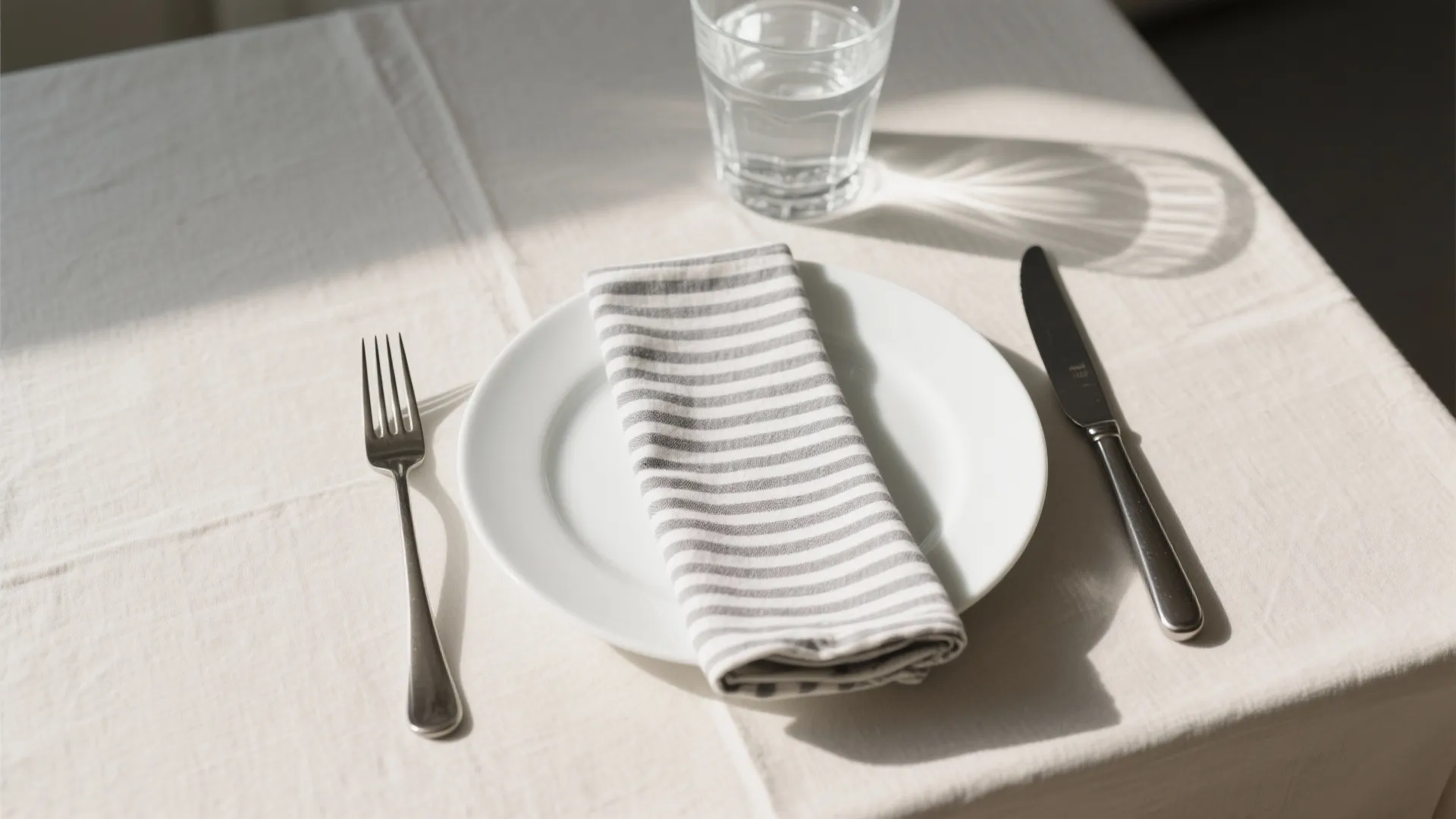 White plate with striped napkin fork and knife on a simple beige linen table cloth