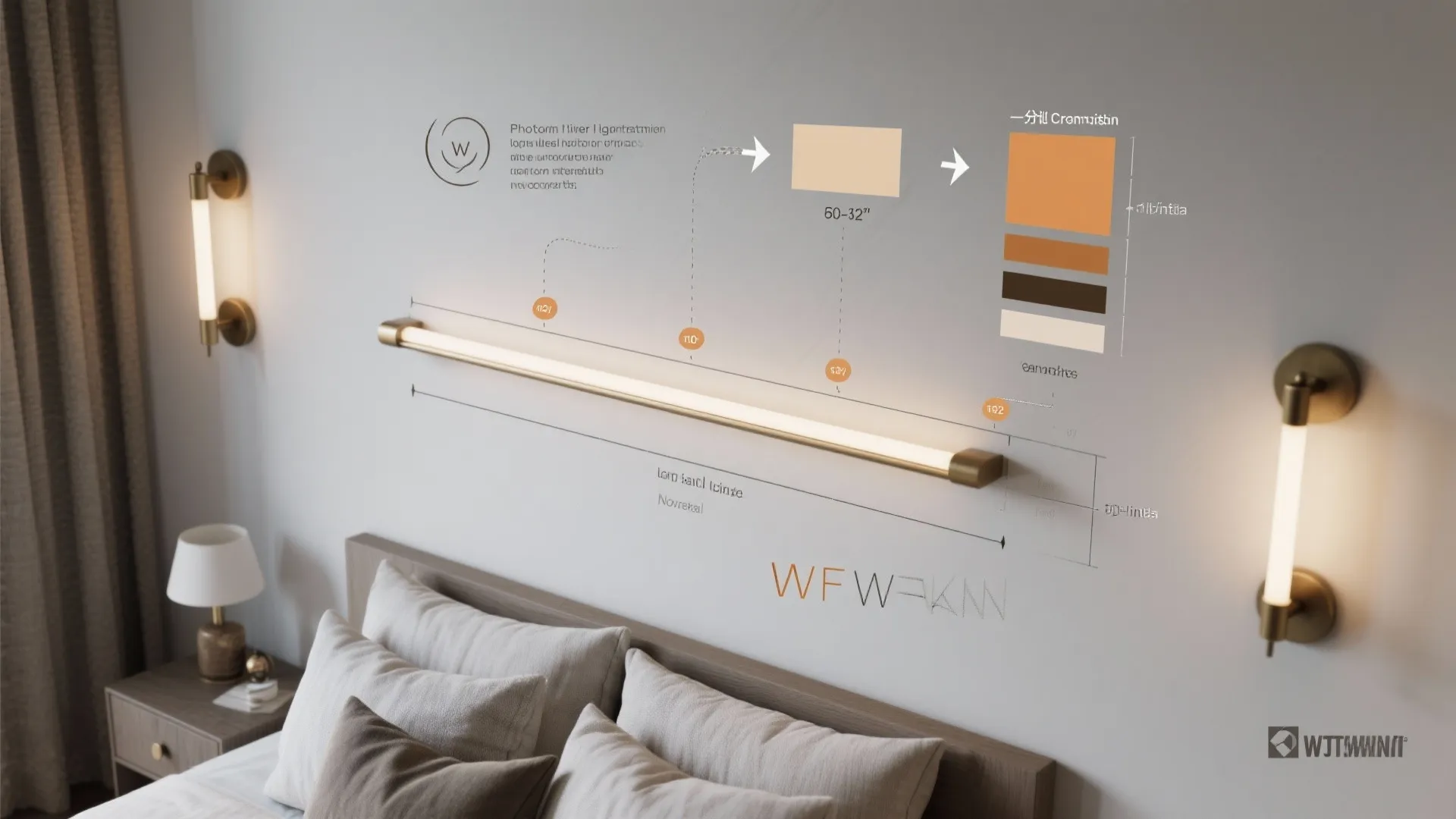 Infographic showing wall light placement guide above a bed with pillows and a small table