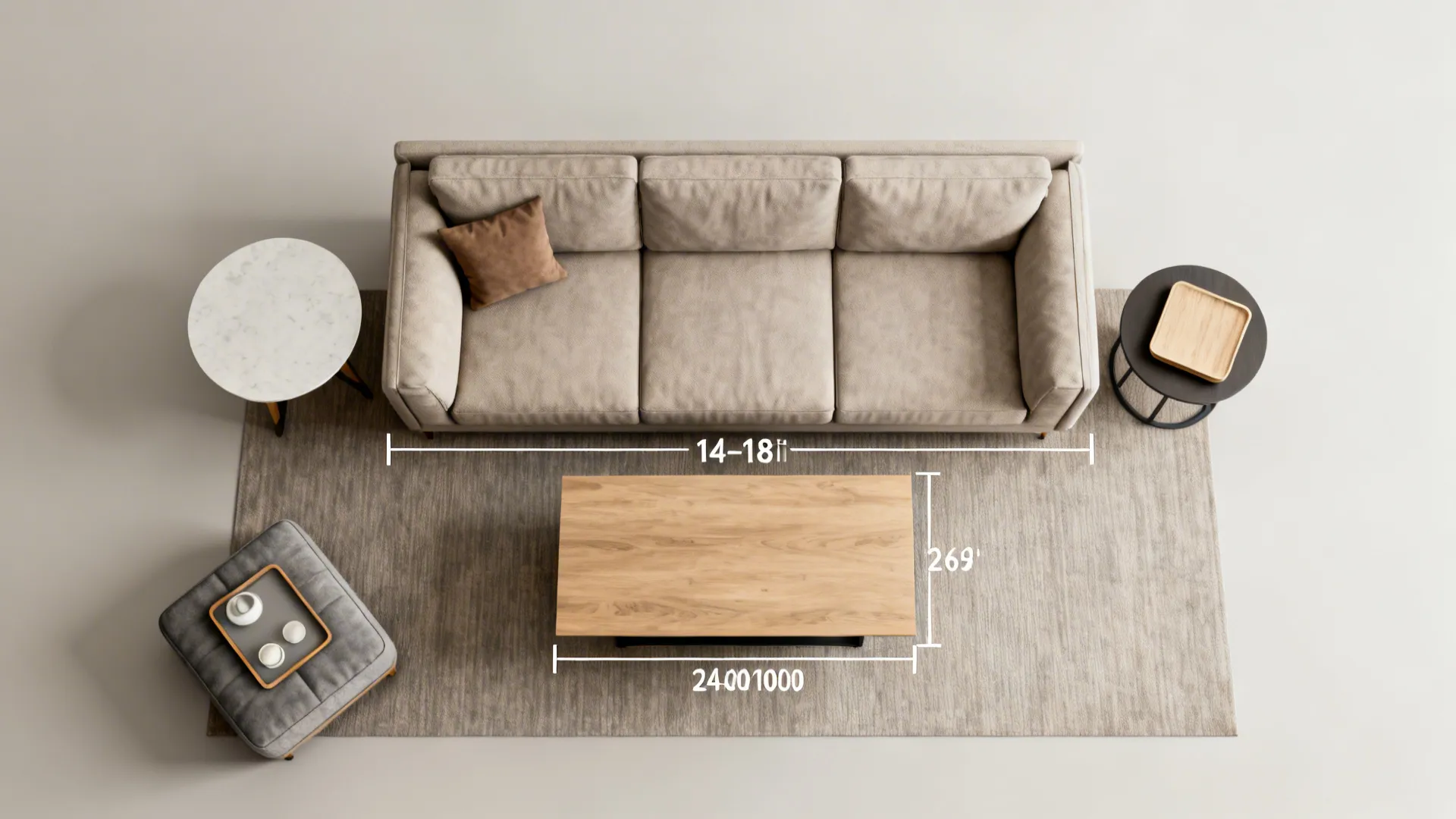 Top-down layout showing ideal coffee table placement and clearances in a small living room.