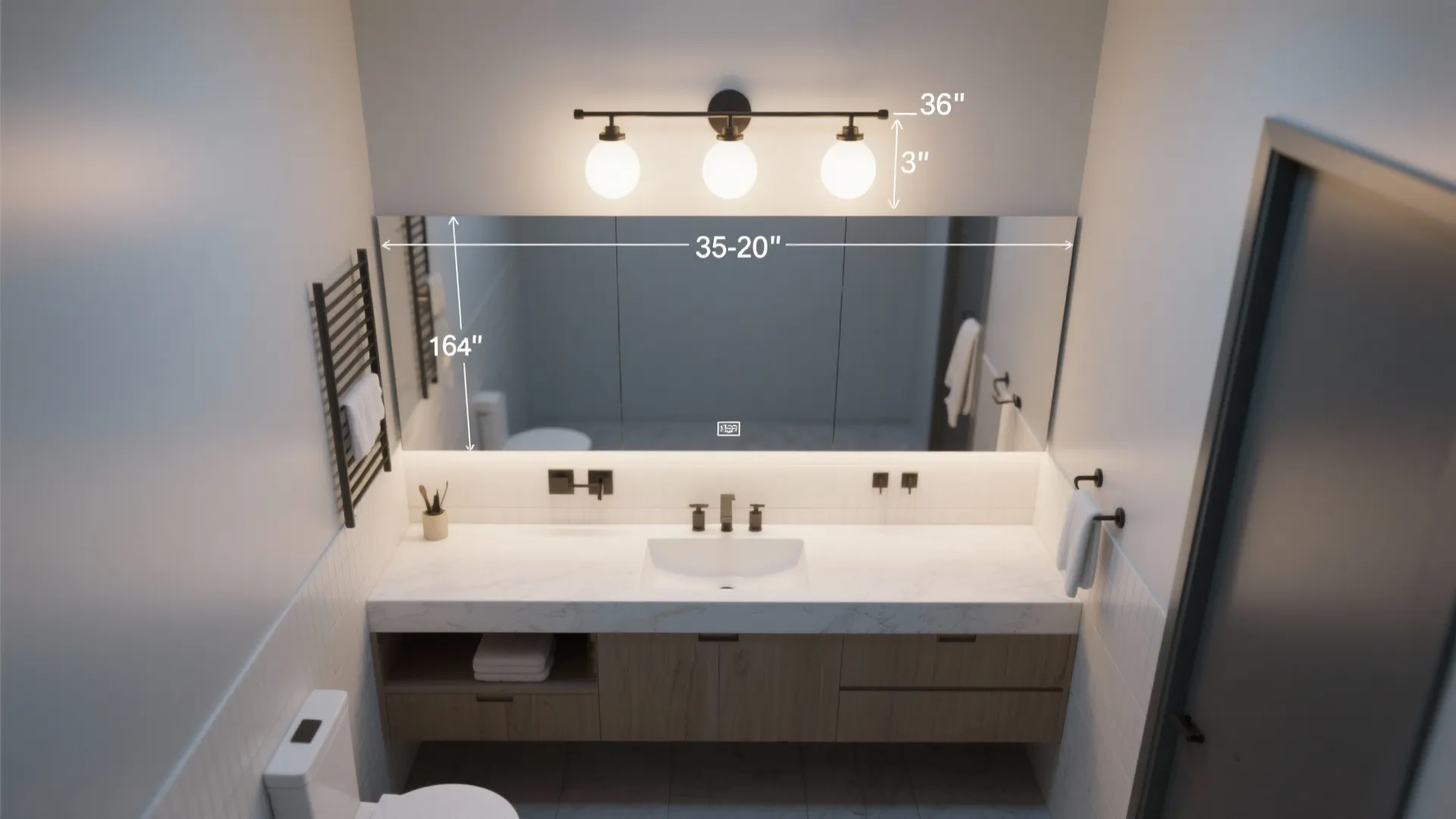 Top down interior design drawing showing bathroom mirror and light fixture placement dimensions for installation