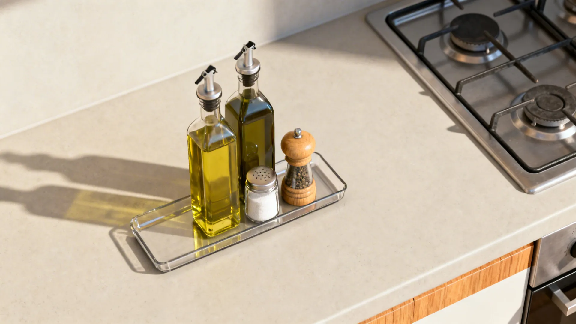 Top-down view of a slim tray with 250–350 ml oil bottles placed to the side of the stove away from heat and light.