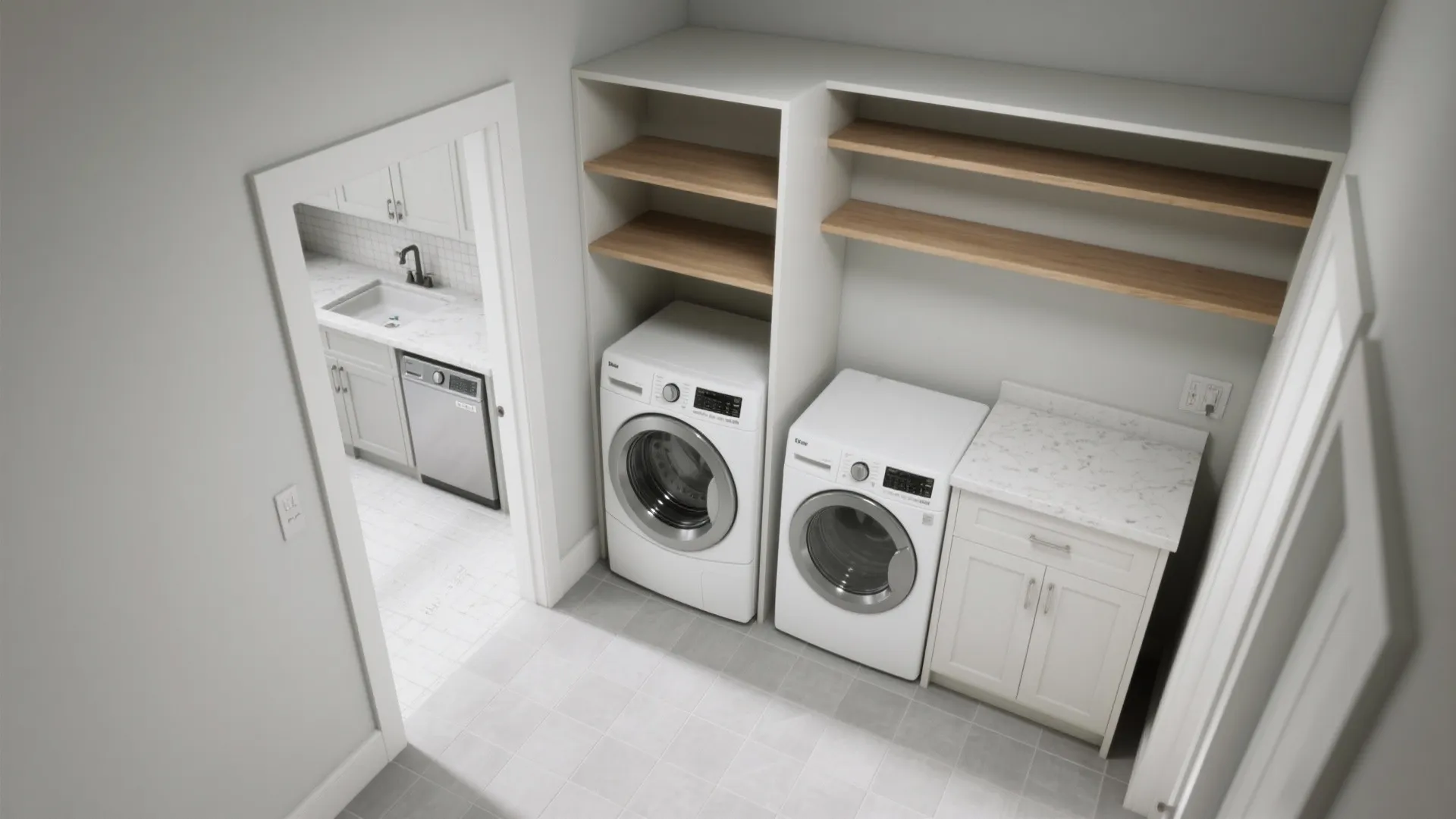 Laundry room layout with two white washing machines wooden shelves cabinet and view of the kitchen