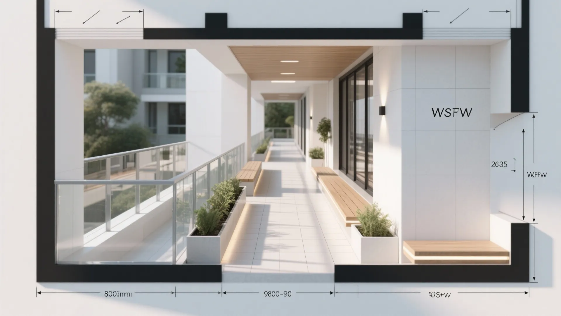 Interior design drawing of a long balcony with wooden benches plants and architectural dimension measurement lines
