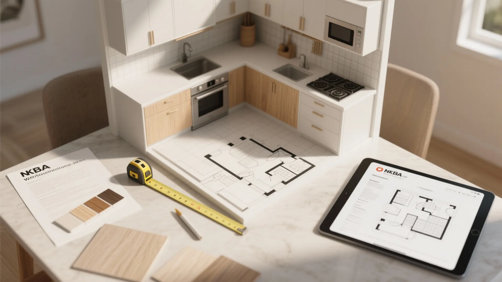 Kitchen model and floor plan drawing with measuring tape on marble table for home renovation
