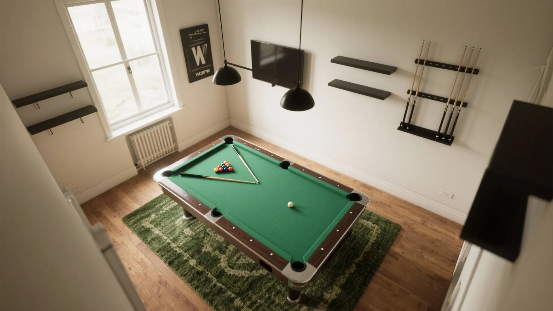 Modern game room with green pool table wood floor black ceiling lights and wall shelves