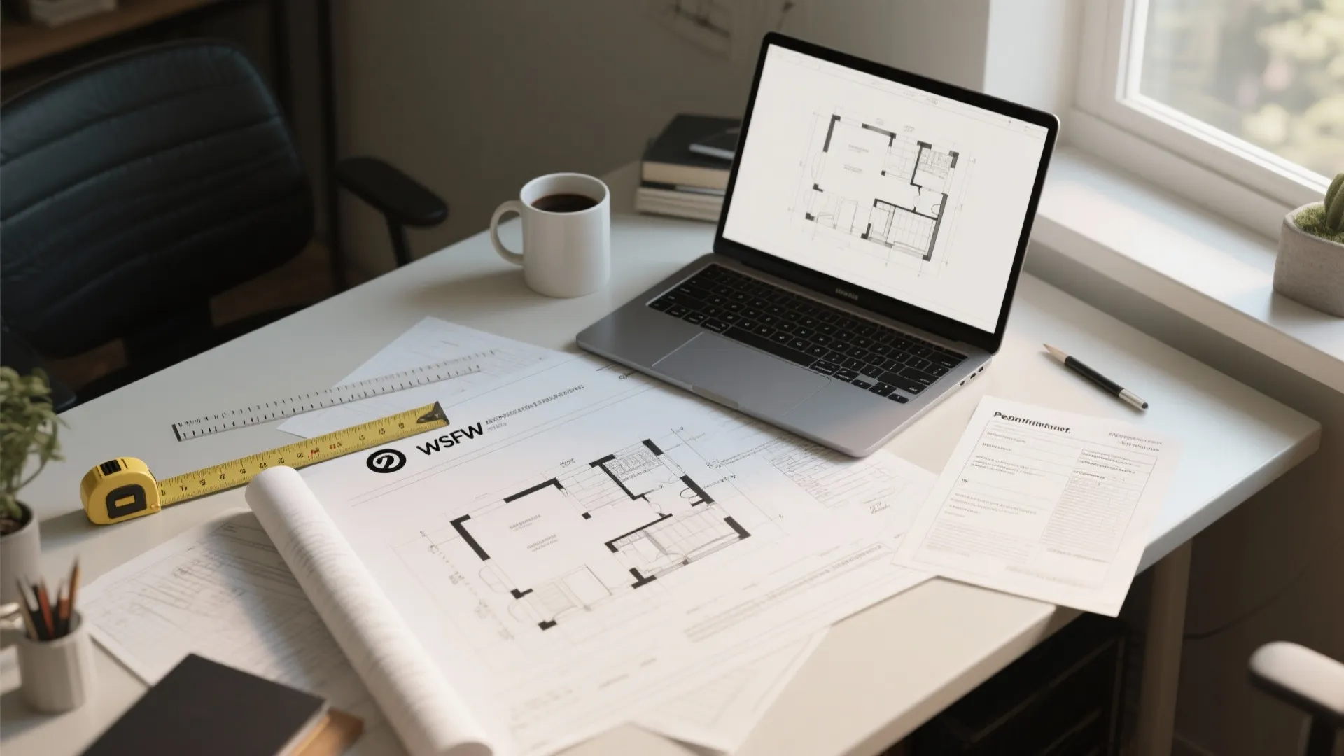 Top-down view of plans, permit forms and tools for bedroom addition planning
