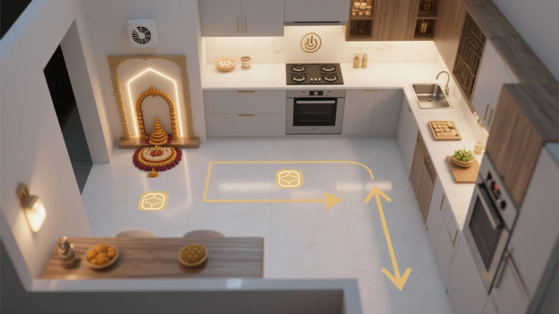 Modern white kitchen layout with small wall shrine yellow floor arrows and clean marble floor