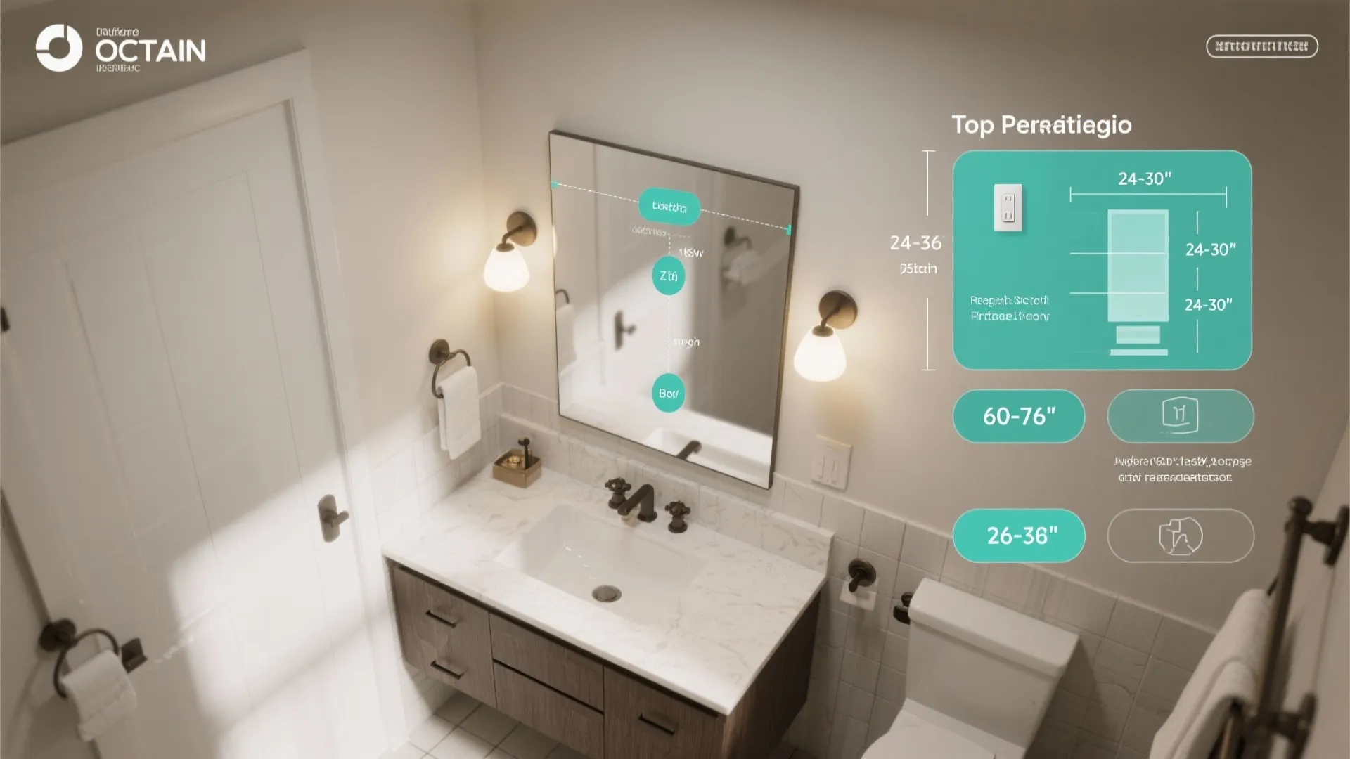 Top-down layout illustrating sconce height and spacing recommendations for a small vanity