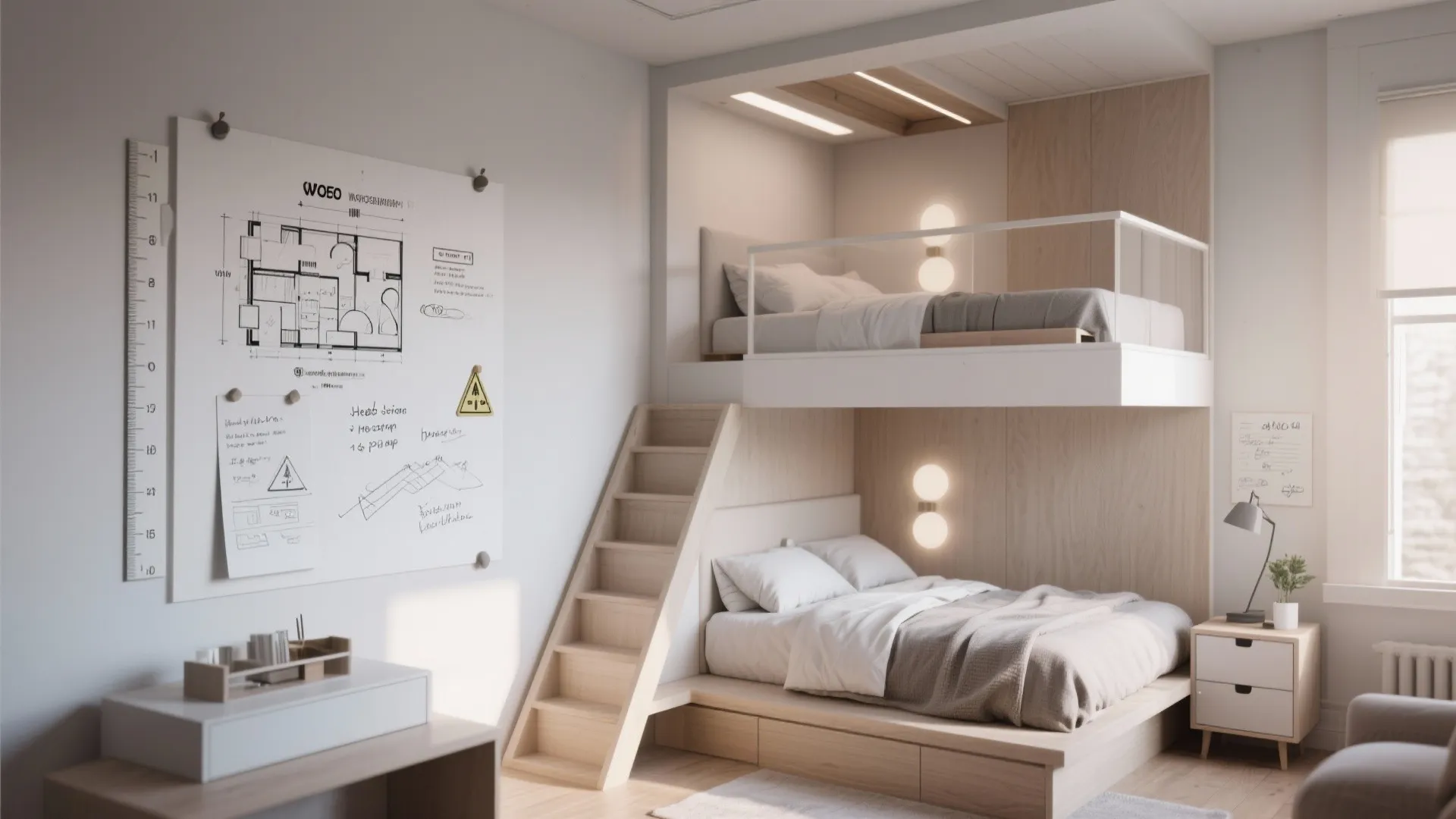 Small bedroom featuring a bunk bed with wooden stairs and a wall-mounted floor plan drawing