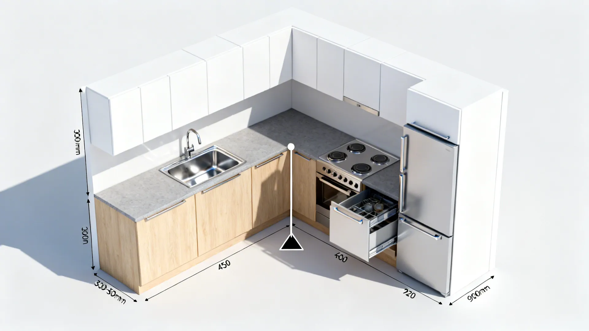 Top-view collage showing cabinet depths, standard module widths, triangle lines, and corner pull-outs.