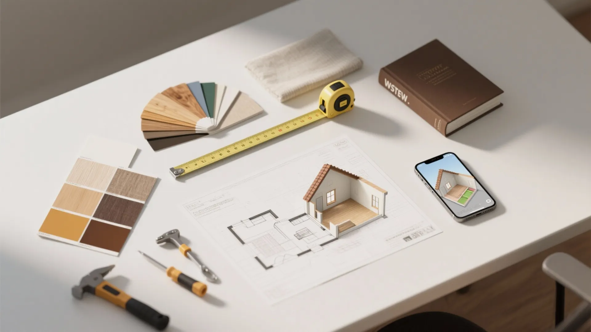 Table with floor plan drawing small house model measuring tape color samples and a smart phone