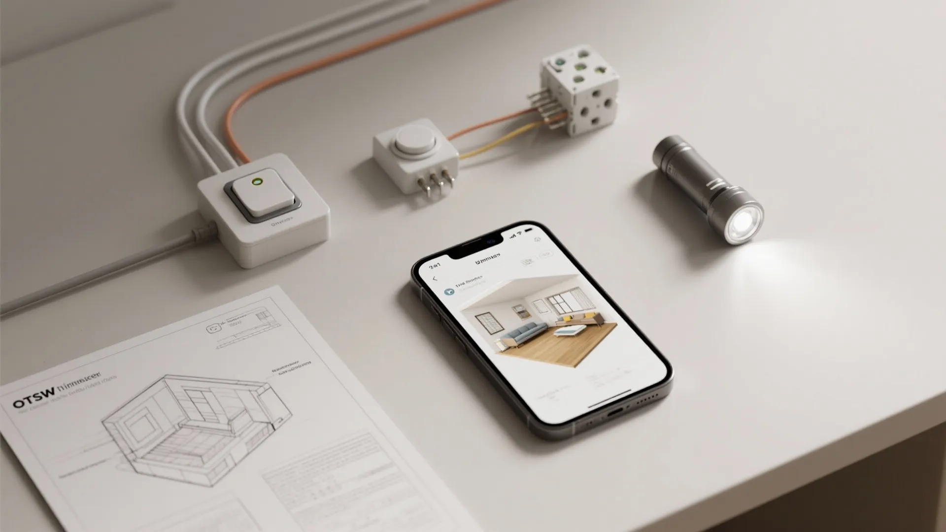 Flat lay showing smartphone with interior design drawing next to light switch and small flashlight