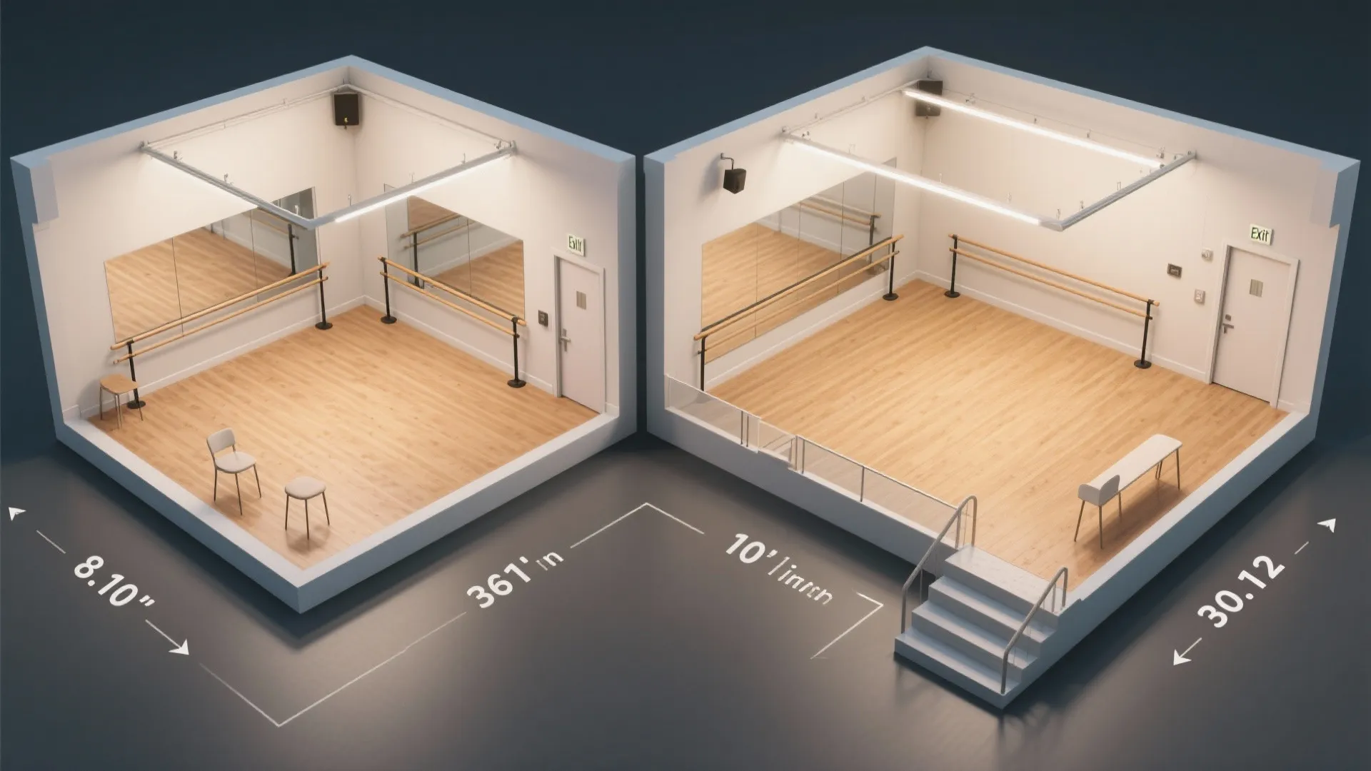 Top-down floor plans showing 8×10 and 10×12 dance room layouts with clear paths.