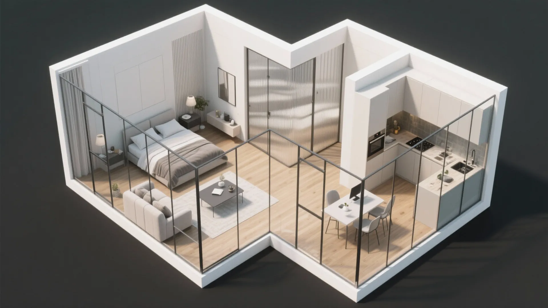 Three dimensional interior design drawing showing small apartment with bedroom living area kitchen and dining