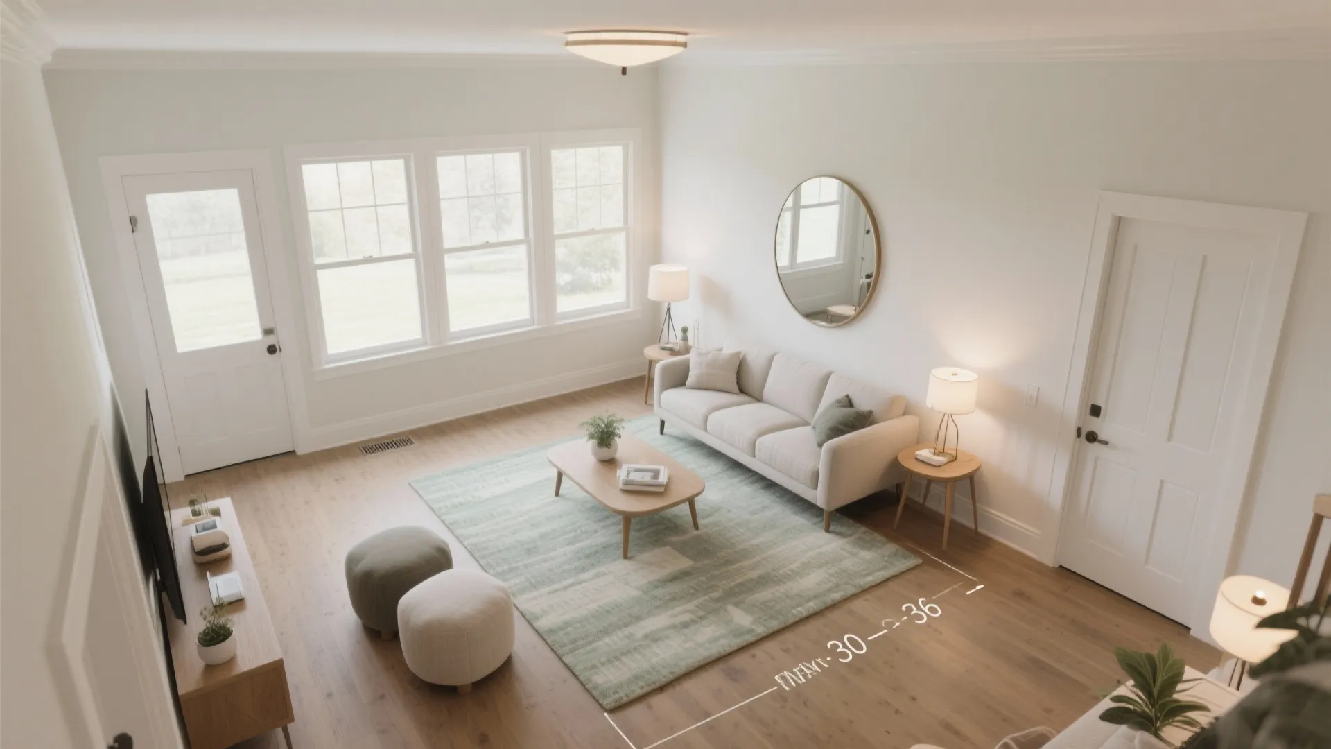 Modern white living room with beige sofa coffee table green rug floor lamps and wall mirror