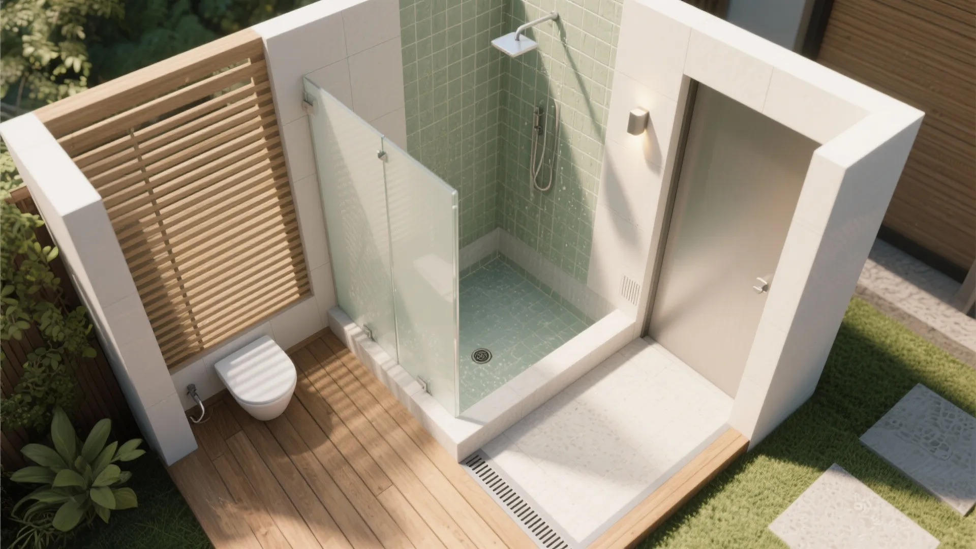 Top view of a small outdoor bathroom with green tiles white toilet and glass shower