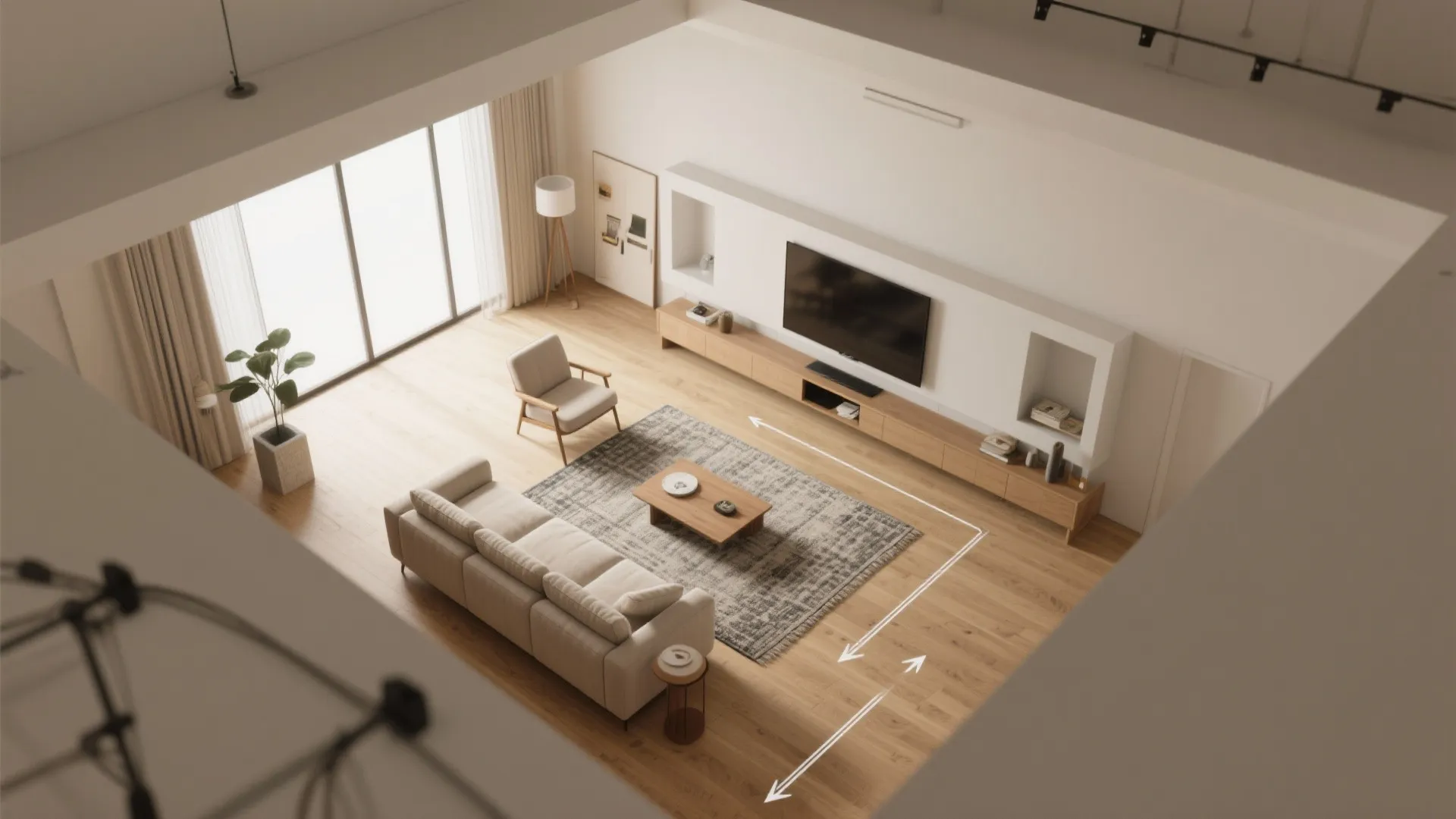 Modern high ceiling living room with beige sofa wood floor large TV and white walls