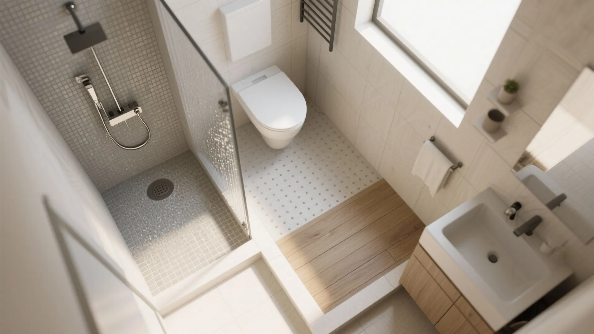 Top view of small bathroom with glass shower toilet wood floor area and white sink cabinet