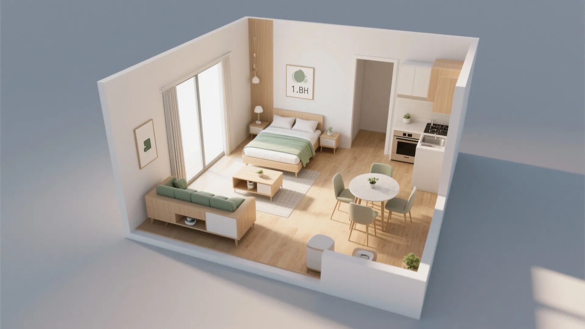 Interior design drawing of a studio apartment layout with bed, sofa, dining table, and kitchen