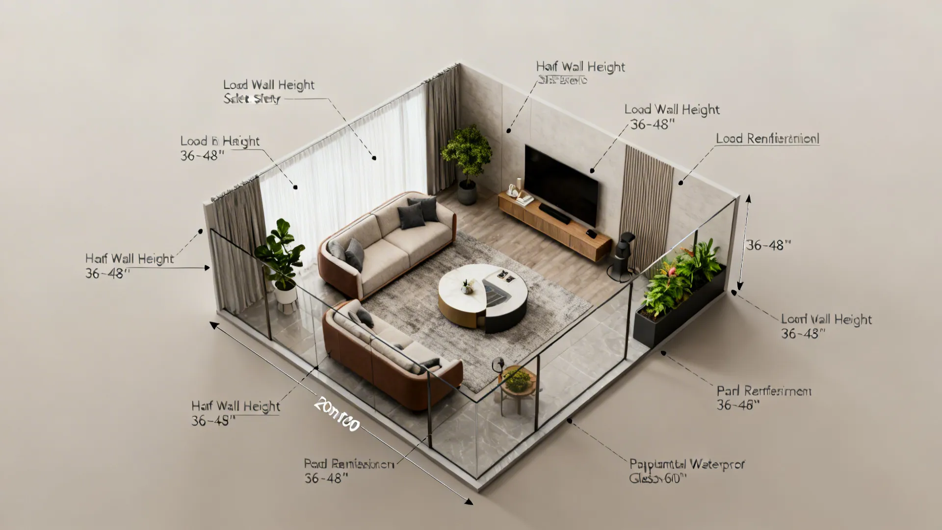 Top-down layout showing half wall height recommendations and structural tips for shelving, glass, and planters.