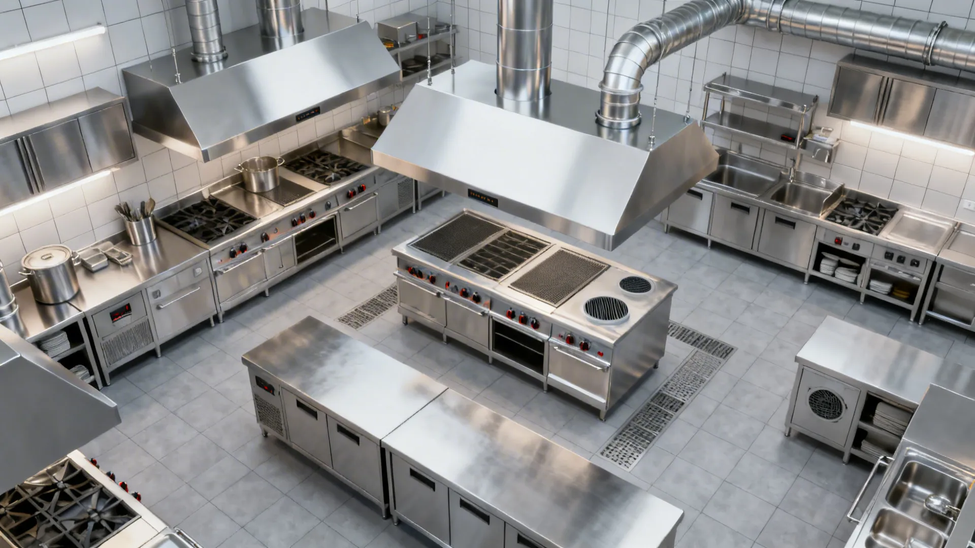 Top-down kitchen plan showing hood, overhangs, duct cleanouts, and diffuser placement for capture.