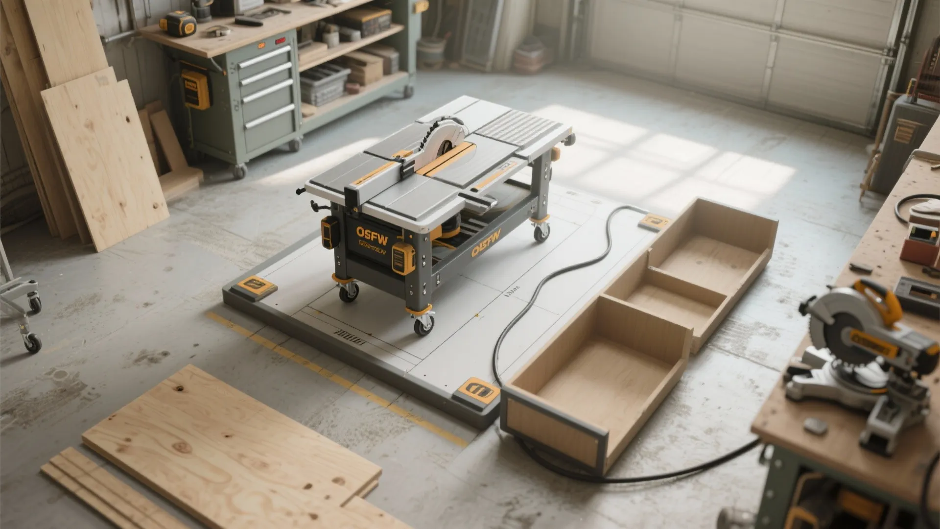 Top-down photorealistic layout showing a mobile table saw cart footprint, clearances, caster positions, and removable wing storage.