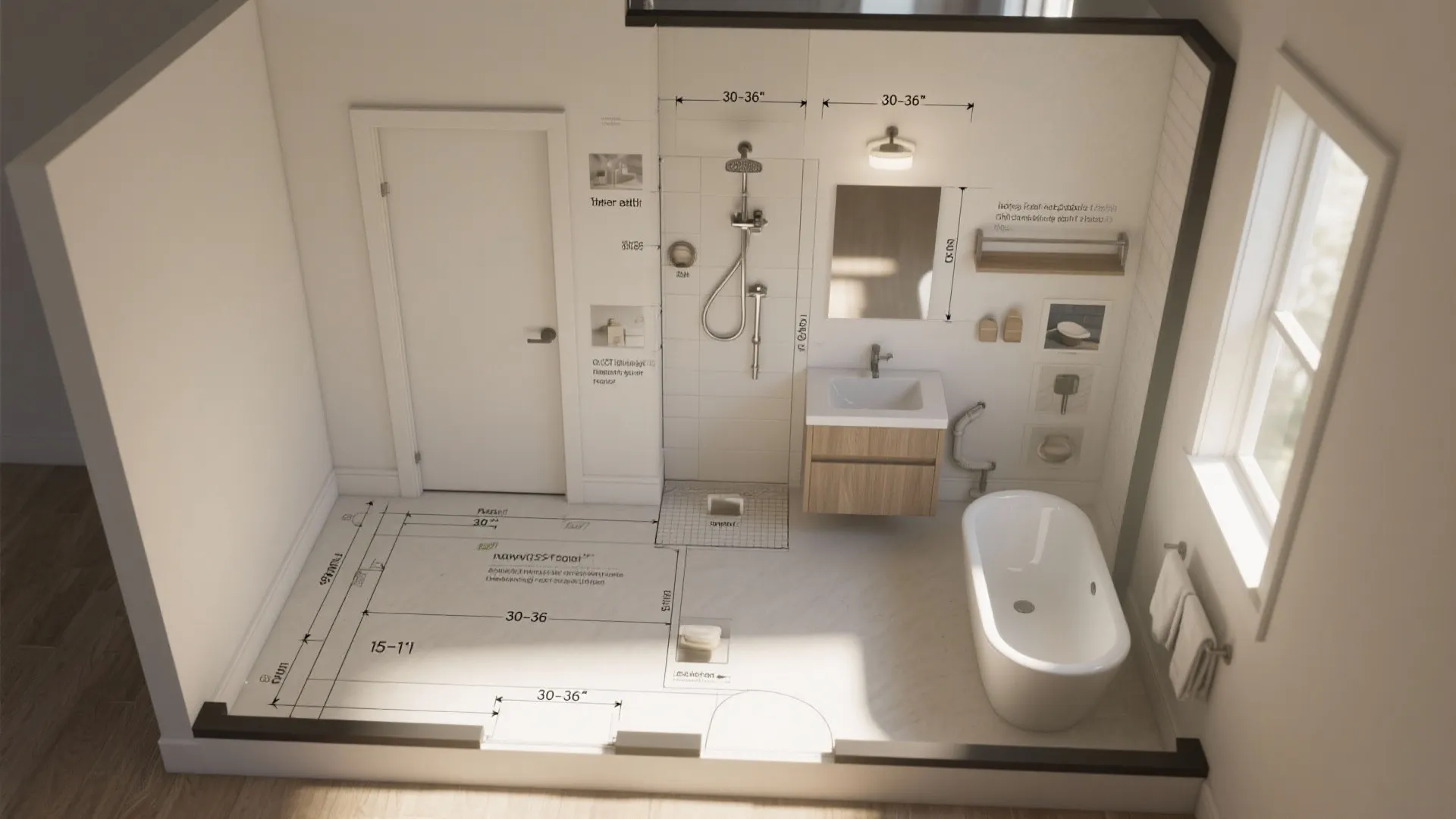 Top-down annotated 15x11 master bath floor plan showing clearances, fixture placement and pocket door advice