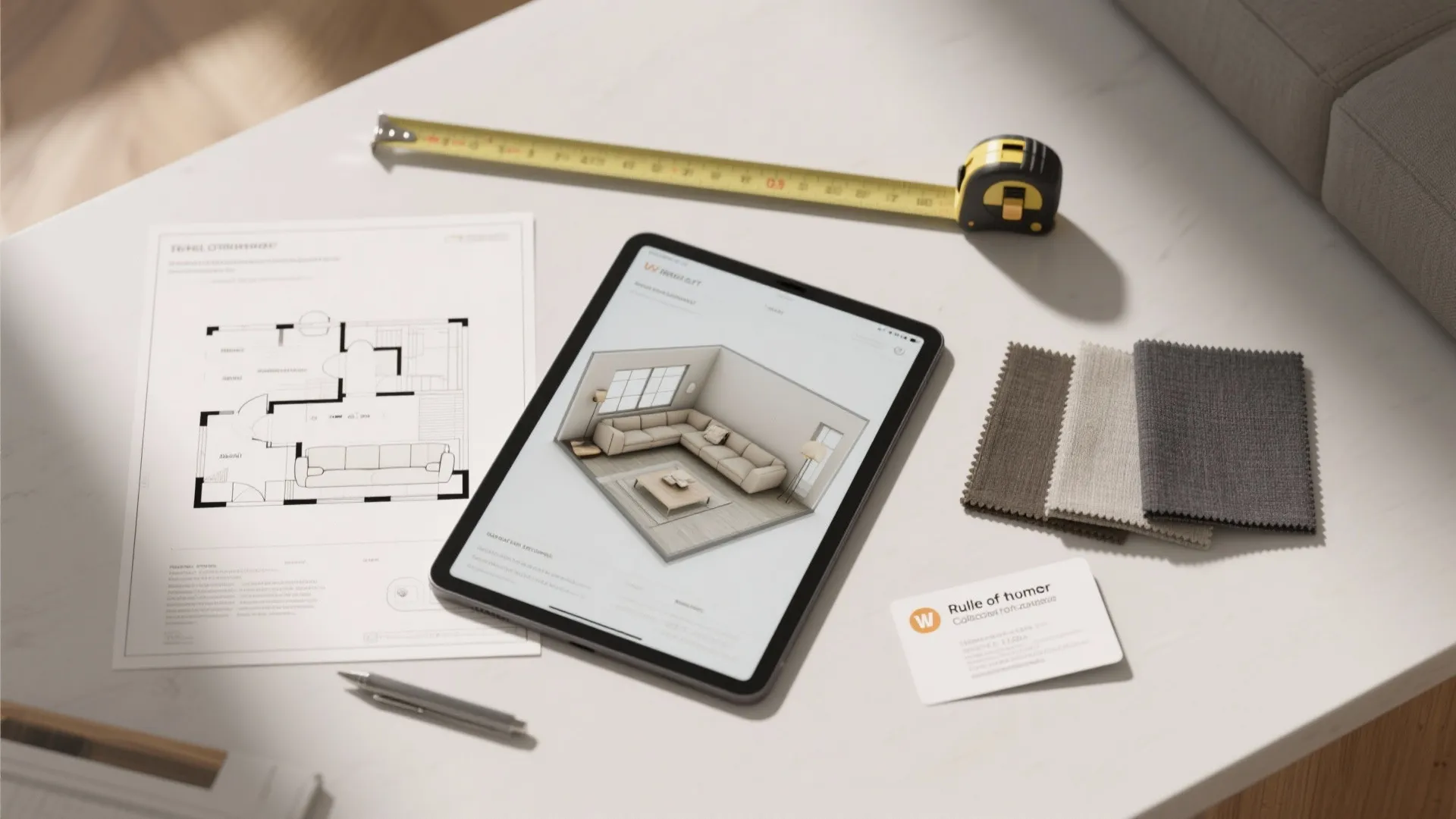 Interior design drawing on tablet with floor plan paper fabric samples and yellow measuring tape tool
