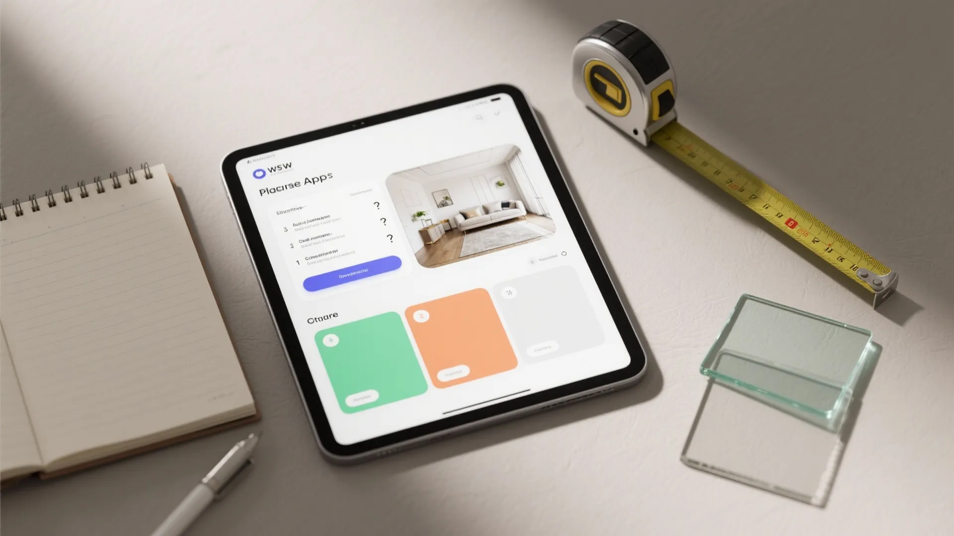 Tablet displaying interior design app next to a notebook pen measuring tape and glass samples