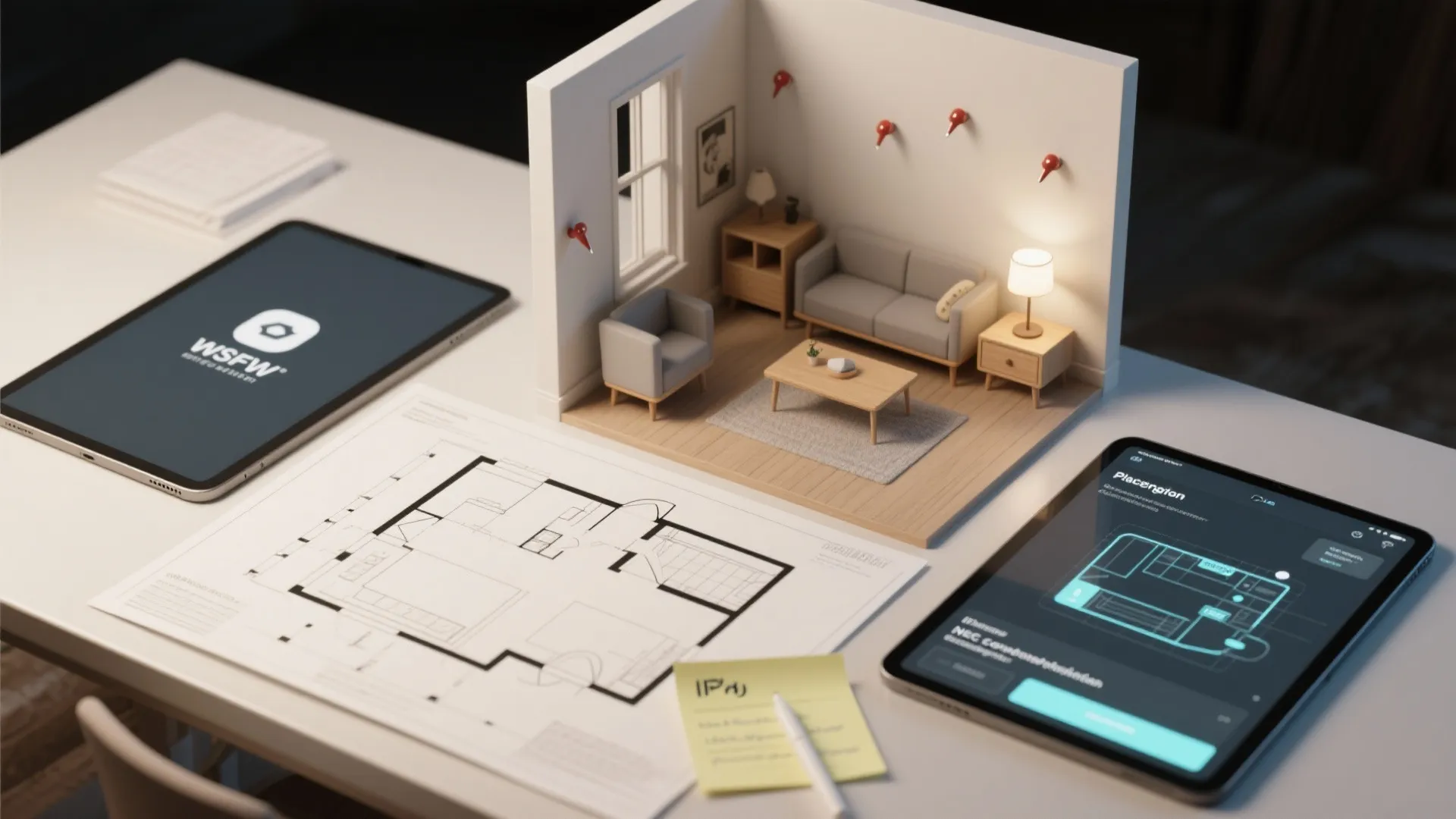 Small living room model next to tablets and floor plan papers on a white desk