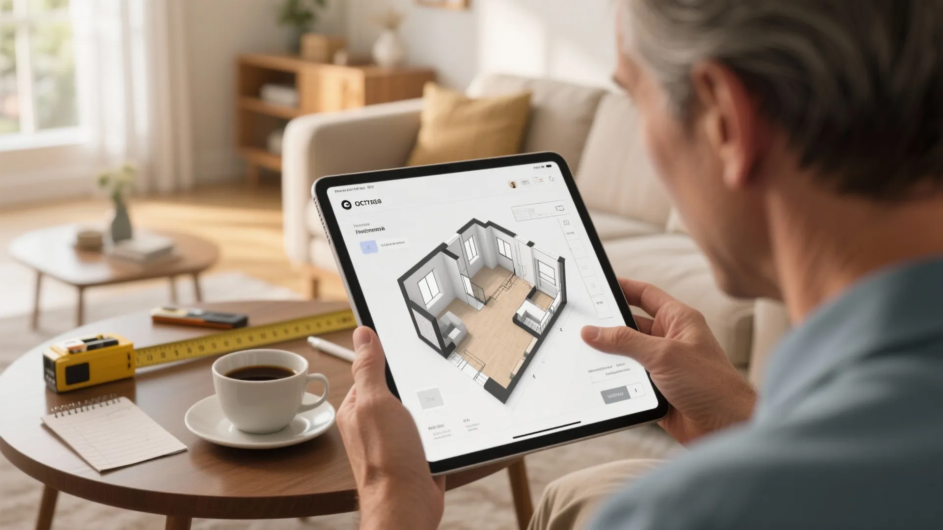Homeowner using a tablet 3D floor planner with measuring tools in a bright apartment