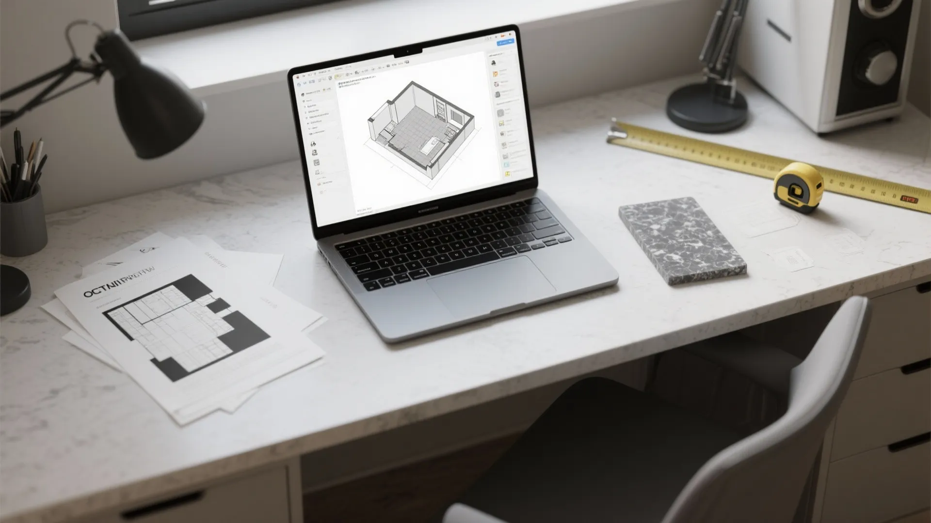 Top-down view of a 3D floor planner on a laptop with countertop templates and grey quartz sample