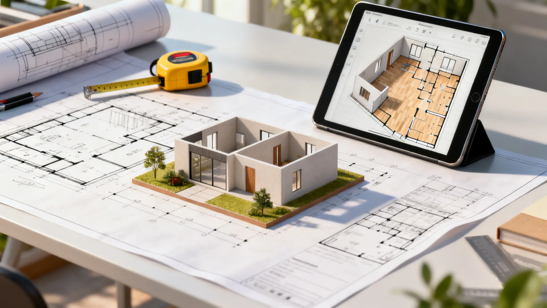 Measurement tools and a tablet showing a 3D floor planner for wingback layout testing.