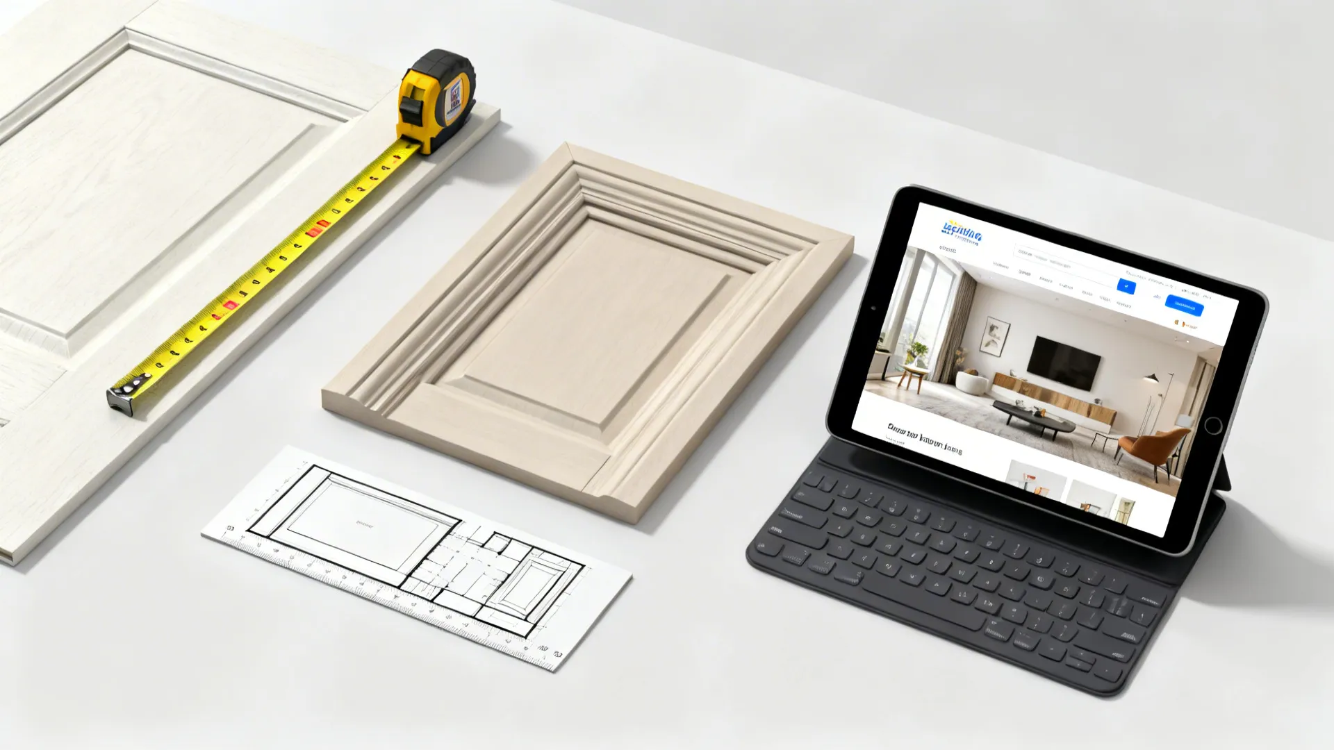 Measuring tape and tablet with room planner to test sectional sizes and door clearances.