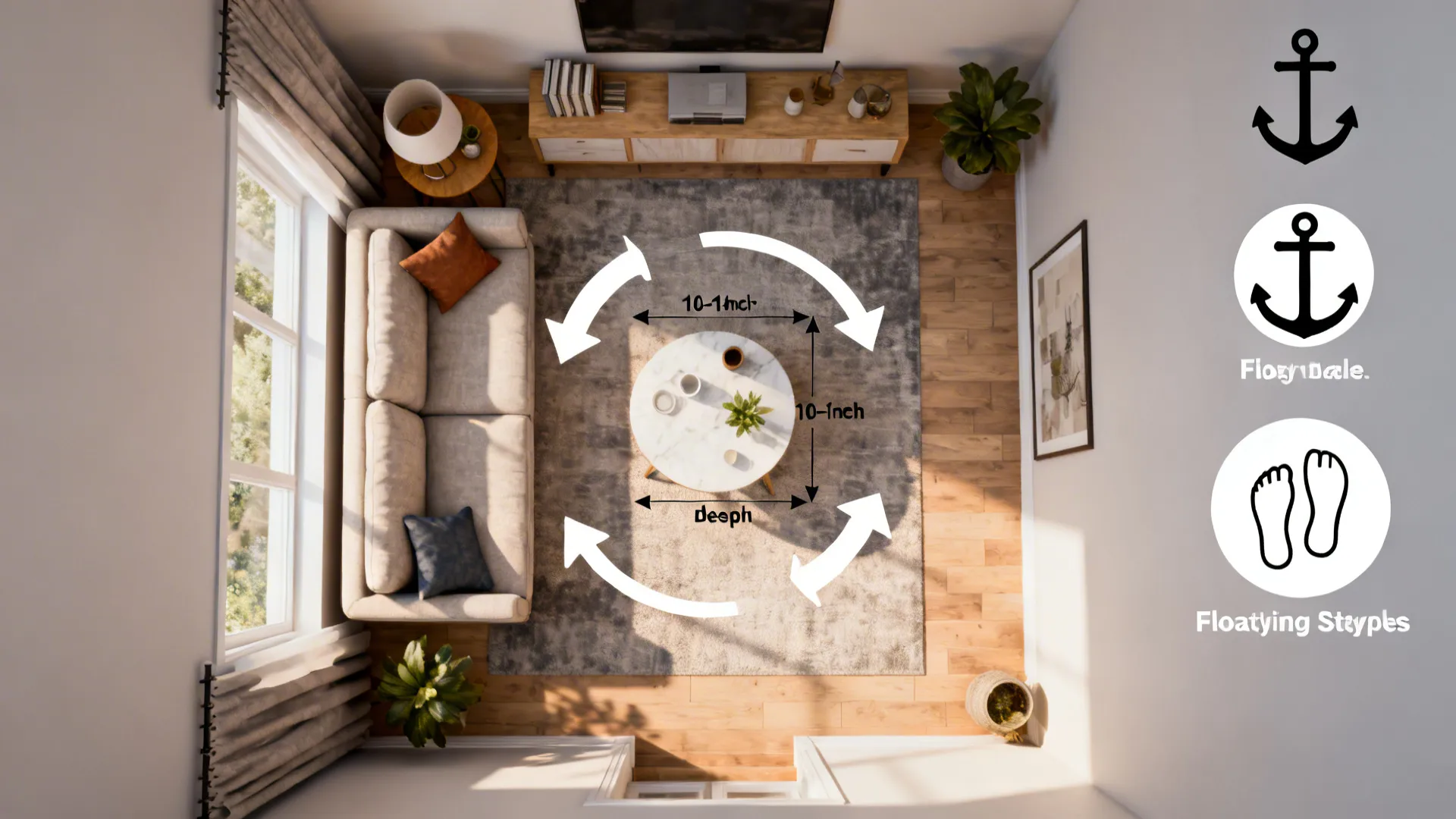 Top view of living room layout showing coffee table dimensions with white circular arrows and icons