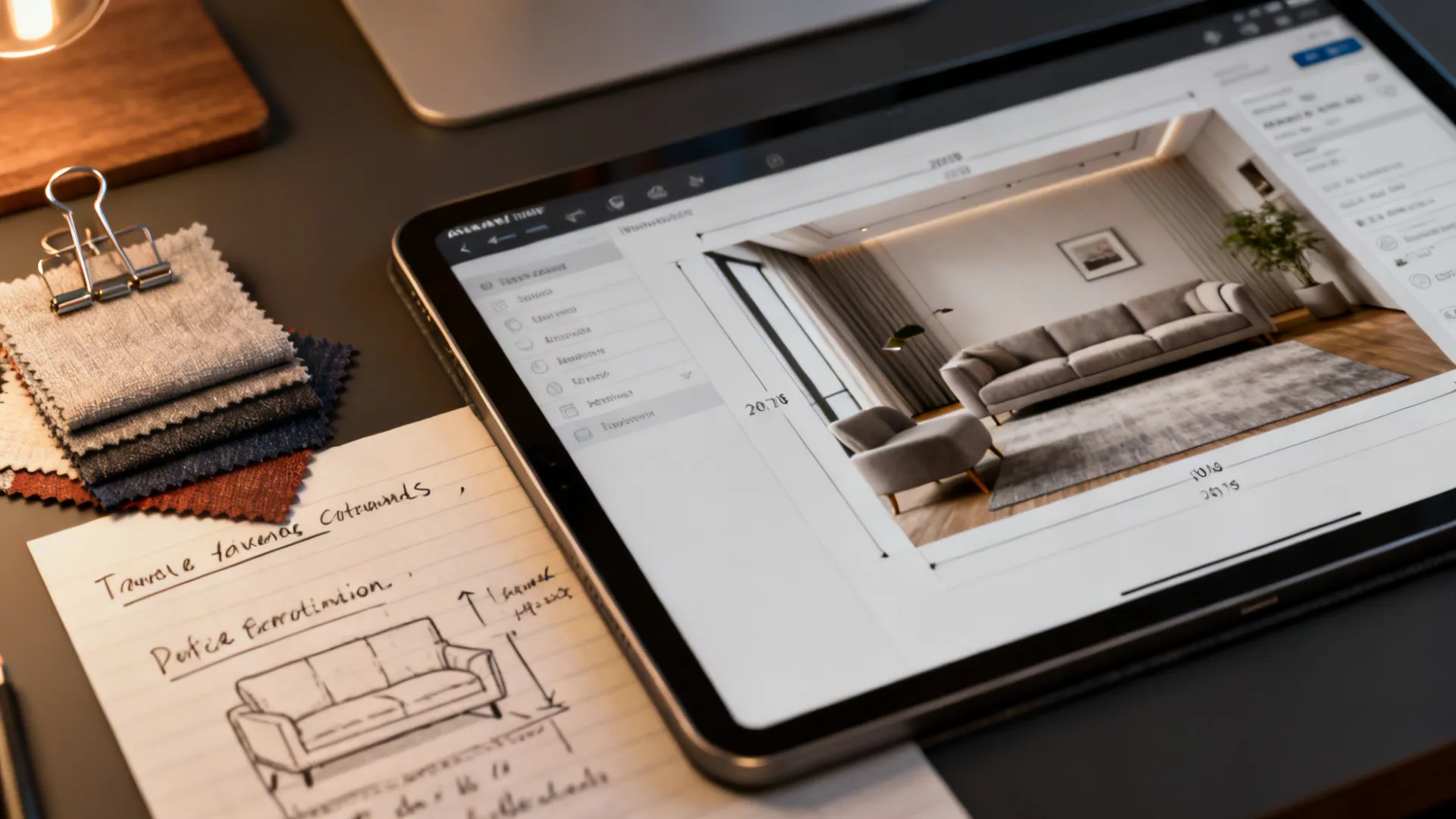 Tablet screen showing living room design software with sofa sketch and fabric samples on desk