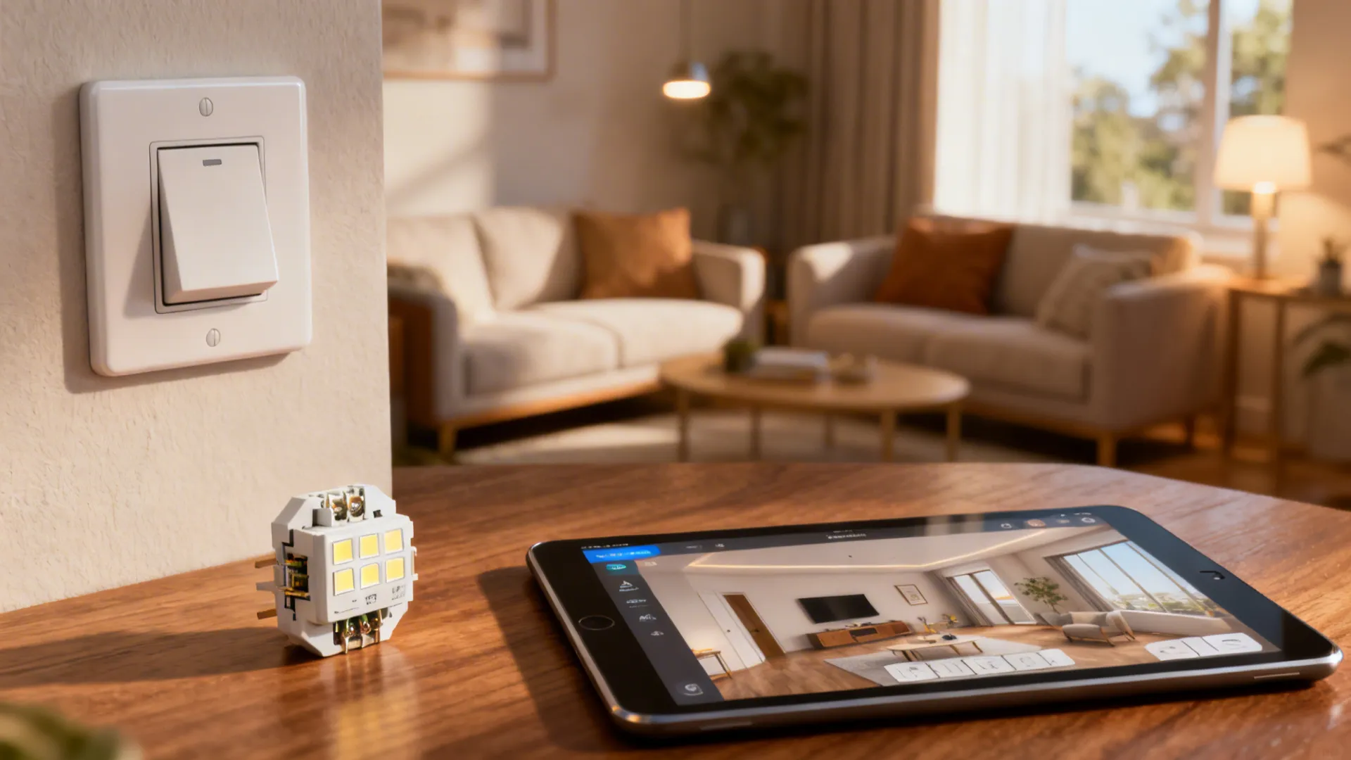 Living room vignette with dimmer switch, LED retrofit sample, and a tablet showing a recessed layout planner.