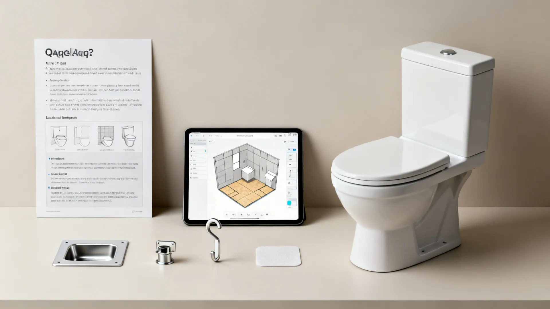 White toilet next to tablet showing bathroom interior design drawing with hardware and instruction sheet