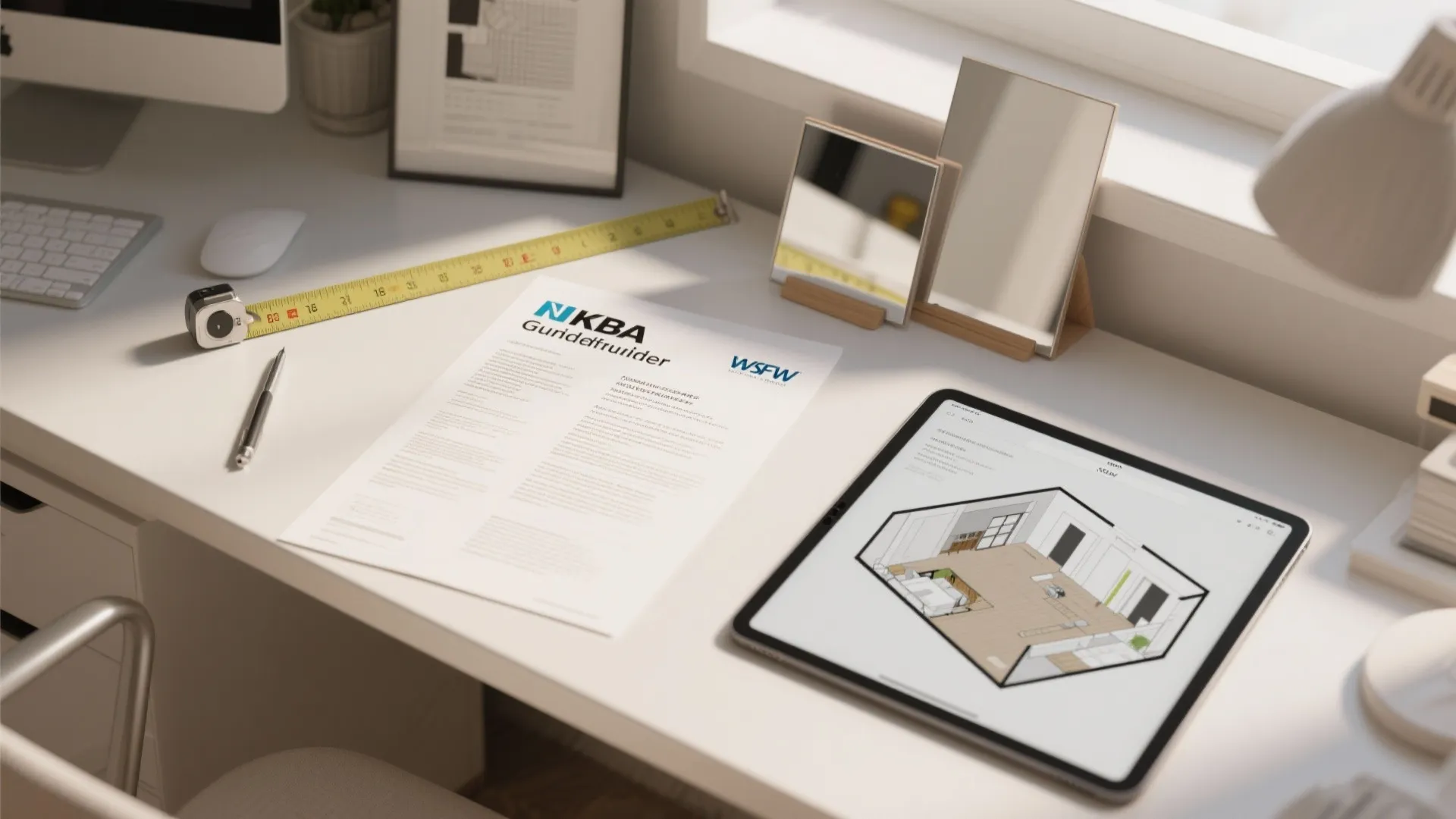 Designer desk with NKBA guideline sheet, measuring tape and a tablet showing a 3D floor planner
