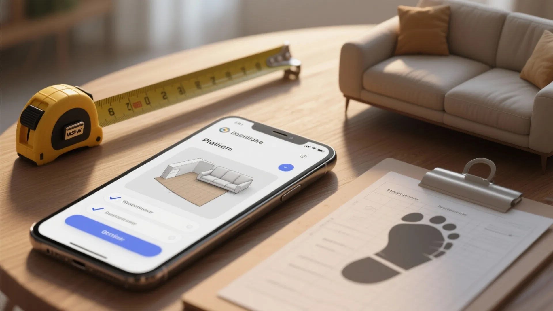 Smartphone showing room layout app next to yellow measuring tape and small model beige sofa