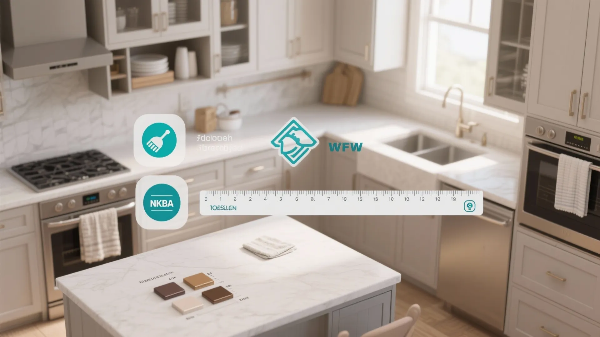 Top-down kitchen plan with icons for cleaning, finish matching, and pull-size guidance.