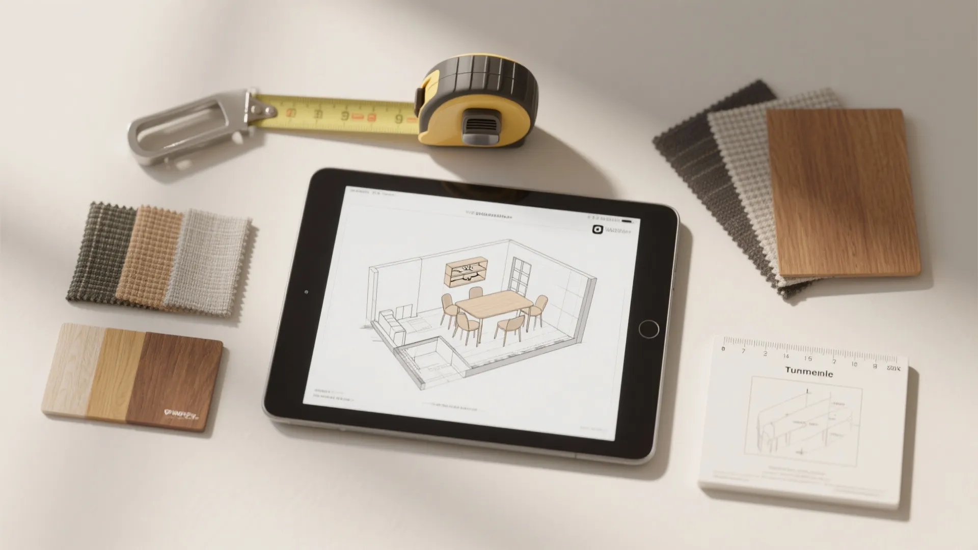Top-down flatlay of measuring tools, fabric swatches, wood samples, and a tablet showing a 3D dining layout mockup.