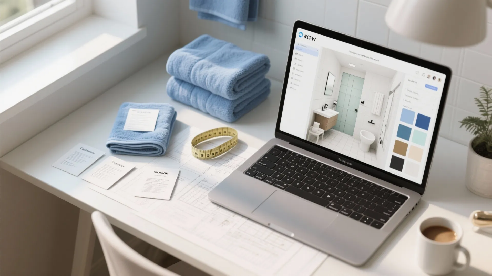 Laptop on white desk showing interior design drawing software with blue towels and coffee cup