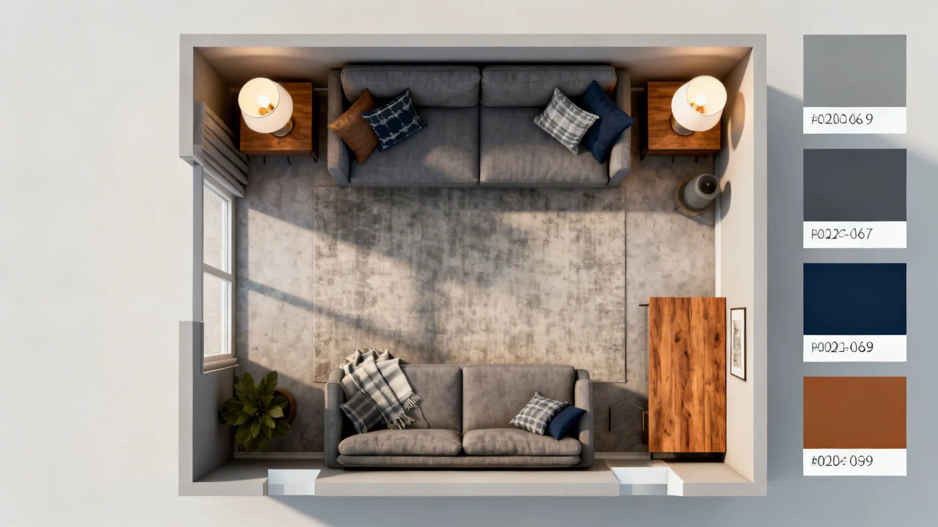 Top-down 3D planning mockup showing zones, color swatches, and materials