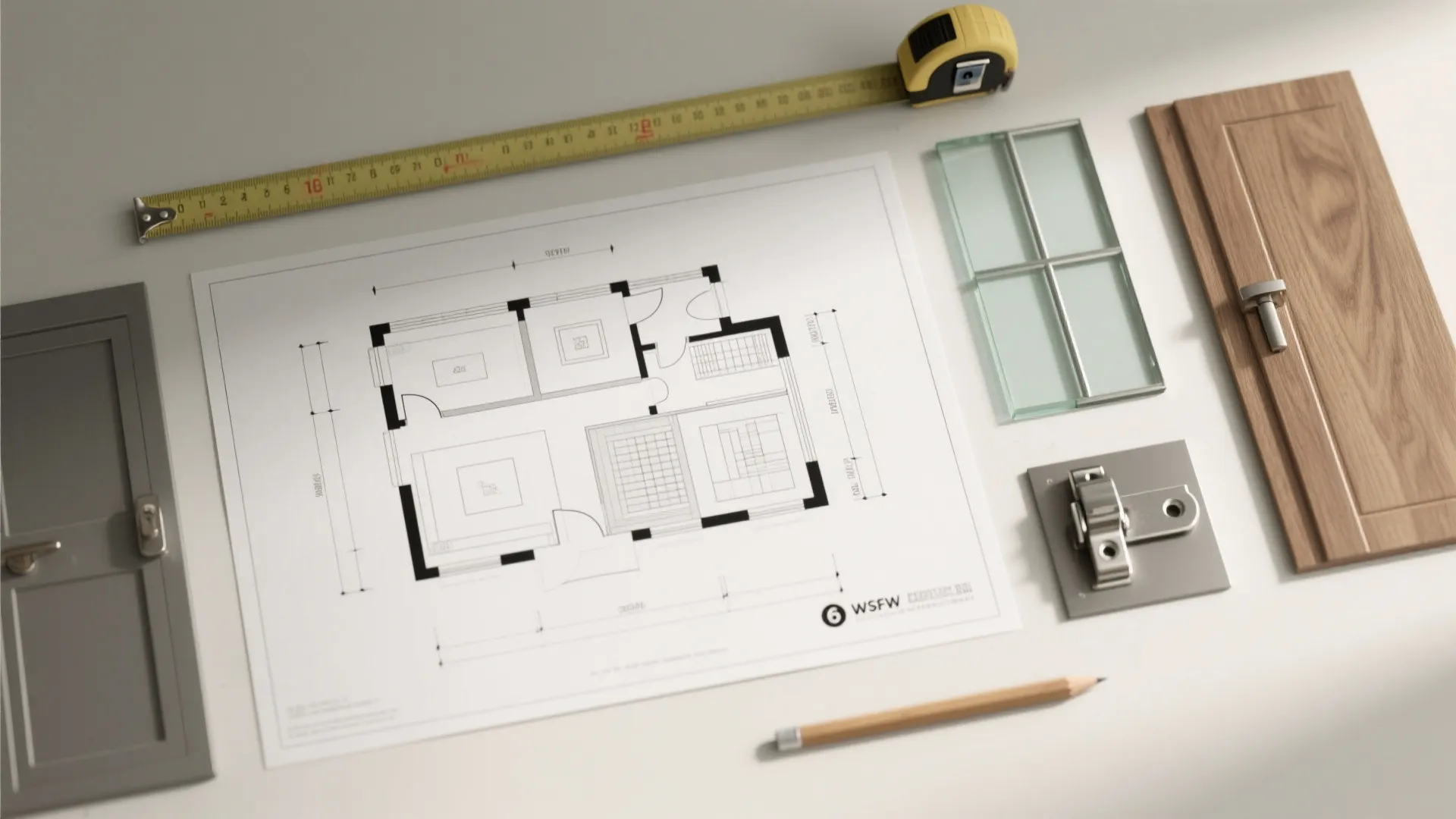 Top-down flatlay with floor plan, ruler, tape measure, transom glass, cabinet hinge, and door hardware for six-room planning.